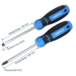 GEPCO Tournevis Set de 2 pièces fente 6 mm et PH2 100 mm de long