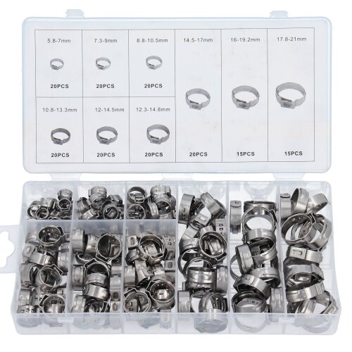 170pcs Colliers de Serrage Acier Inoxydable 1 Oreille Anneaux 5,8 -21mm