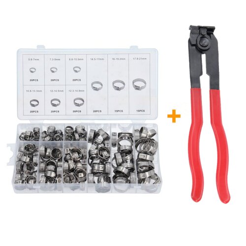 170pcs Single Ear Clamps 5,8-21mm Hose Crimp Fuel Pipe Clip + Plier