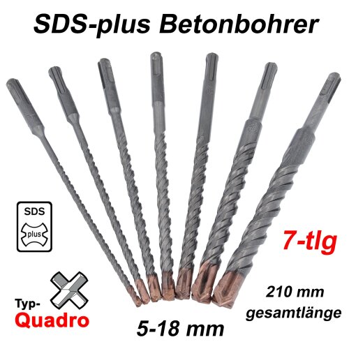 SDS-plus Betonbohrer Set 7-tlg Quadro Bohrer Hammerbohrer 5mm - 18mm Länge 210mm